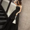 Chic / Beautiful Black Prom Dresses 2019 A-Line / Princess Spaghetti Straps Sleeveless Glitter Tulle Floor-Length / Long Ruffle Backless Formal Dresses