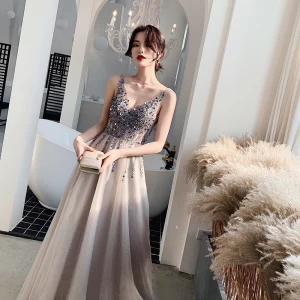 Elegant Grey Evening Dresses 2019 A Line Princess V Neck Sleeveless Sequins Court Train Ruffle Backless Formal Dresses