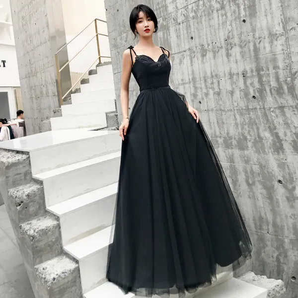 Chic / Beautiful Black Prom Dresses 2019 A-Line / Princess Spaghetti Straps Sleeveless Beading Floor-Length / Long Ruffle Backless Formal Dresses