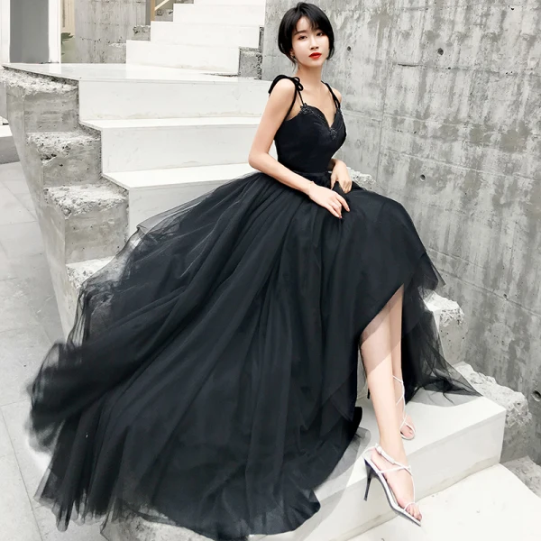 Chic / Beautiful Black Prom Dresses 2019 A-Line / Princess Spaghetti Straps Sleeveless Beading Floor-Length / Long Ruffle Backless Formal Dresses