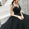 Chic / Beautiful Black Prom Dresses 2019 A-Line / Princess Spaghetti Straps Sleeveless Beading Floor-Length / Long Ruffle Backless Formal Dresses