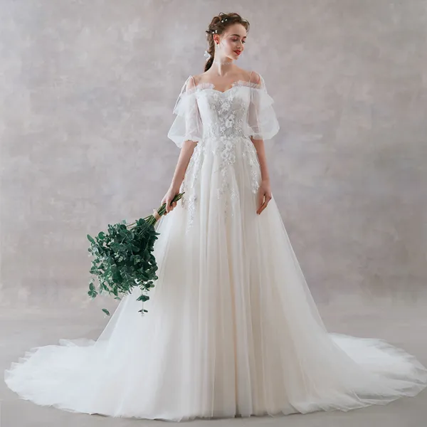 Affordable Ivory Wedding Dresses 2019 A-Line / Princess Off-The-Shoulder Puffy 1/2 Sleeves Backless Appliques Lace Pearl Sweep Train Ruffle