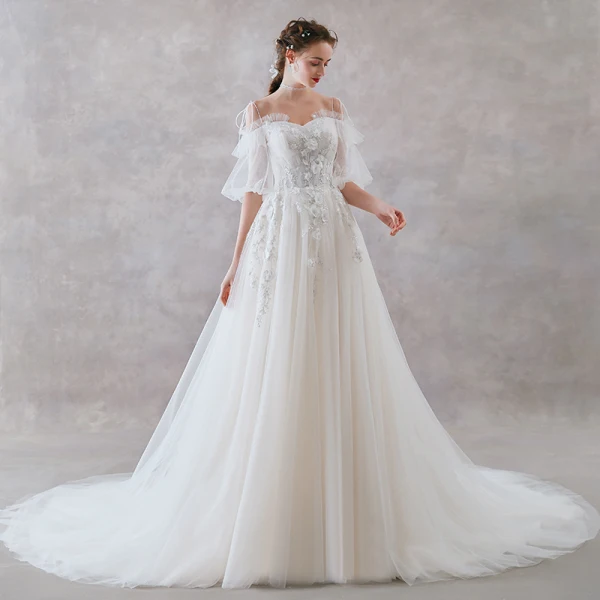 Affordable Ivory Wedding Dresses 2019 A-Line / Princess Off-The-Shoulder Puffy 1/2 Sleeves Backless Appliques Lace Pearl Sweep Train Ruffle
