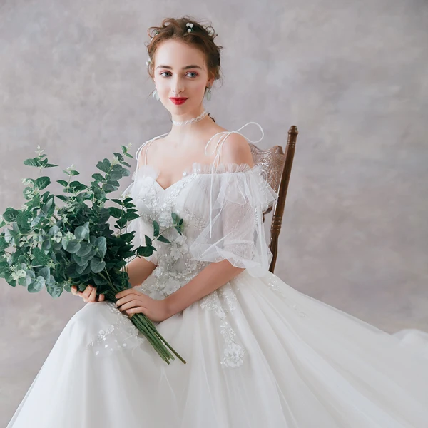 Affordable Ivory Wedding Dresses 2019 A-Line / Princess Off-The-Shoulder Puffy 1/2 Sleeves Backless Appliques Lace Pearl Sweep Train Ruffle