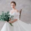 Affordable Ivory Wedding Dresses 2019 A-Line / Princess Off-The-Shoulder Puffy 1/2 Sleeves Backless Appliques Lace Pearl Sweep Train Ruffle
