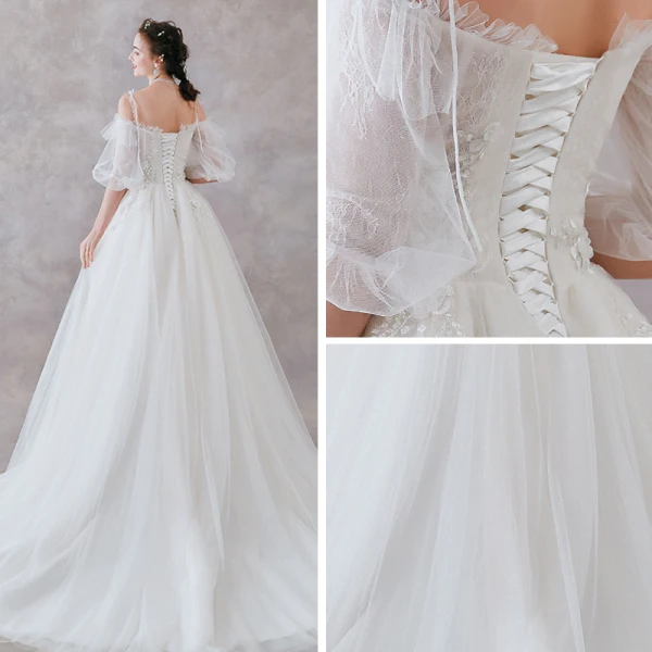 Affordable Ivory Wedding Dresses 2019 A-Line / Princess Off-The-Shoulder Puffy 1/2 Sleeves Backless Appliques Lace Pearl Sweep Train Ruffle