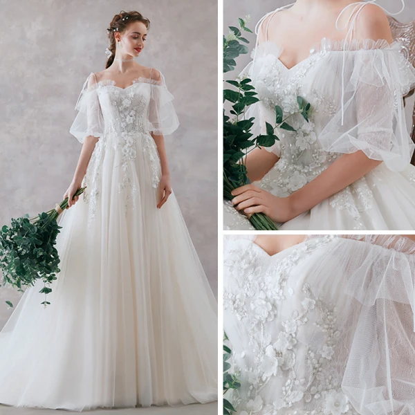 Affordable Ivory Wedding Dresses 2019 A-Line / Princess Off-The-Shoulder Puffy 1/2 Sleeves Backless Appliques Lace Pearl Sweep Train Ruffle