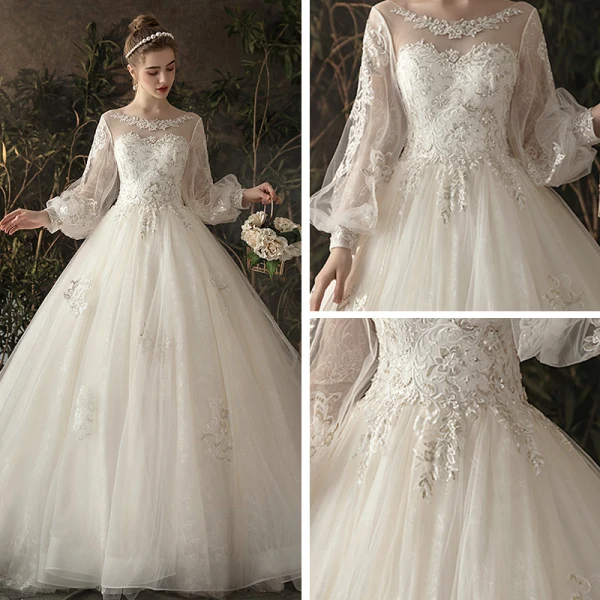 Elegante Ivory / Creme Durchsichtige Brautkleider / Hochzeitskleider 2019 Prinzessin Rundhalsausschnitt Geschwollenes Lange Ärmel Rückenfreies Applikationen Spitze Kapelle-Schleppe Rüschen
