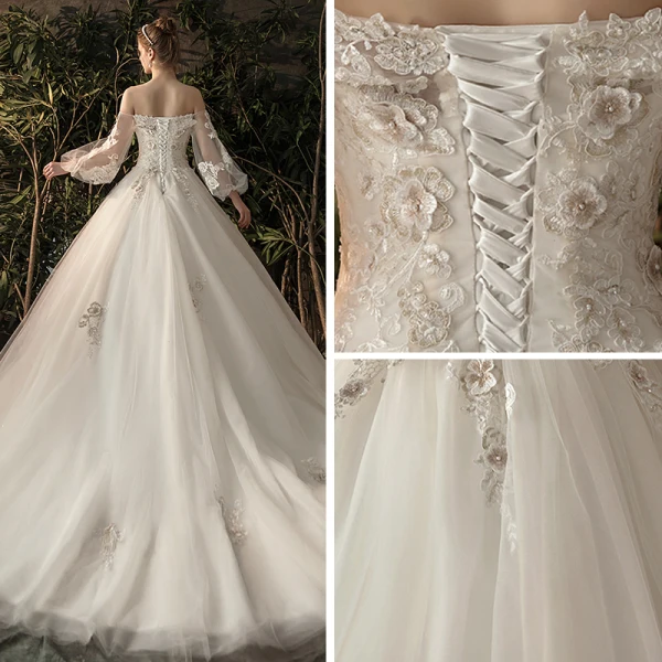 Élégant Ivoire Transparentes Robe De Mariée 2019 Princesse De l'épaule Gonflée Manches Longues Dos Nu Appliques En Dentelle Fleur Perle Chapel Train Volants