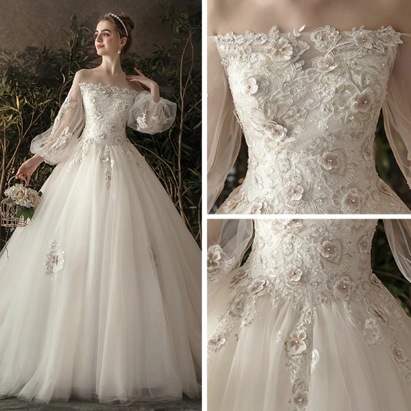 Élégant Ivoire Transparentes Robe De Mariée 2019 Princesse De l'épaule Gonflée Manches Longues Dos Nu Appliques En Dentelle Fleur Perle Chapel Train Volants