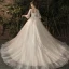 Bling Bling Champagner Durchsichtige Brautkleider / Hochzeitskleider 2019 A Linie V-Ausschnitt Geschwollenes 3/4 Ärmel Rückenfreies Pailletten Perlenstickerei Glanz Tülle Kapelle-Schleppe Rüschen