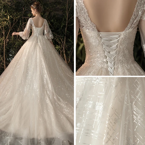 Bling Bling Champagner Durchsichtige Brautkleider / Hochzeitskleider 2019 A Linie V-Ausschnitt Geschwollenes 3/4 Ärmel Rückenfreies Pailletten Perlenstickerei Glanz Tülle Kapelle-Schleppe Rüschen