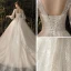 Bling Bling Champagner Durchsichtige Brautkleider / Hochzeitskleider 2019 A Linie V-Ausschnitt Geschwollenes 3/4 Ärmel Rückenfreies Pailletten Perlenstickerei Glanz Tülle Kapelle-Schleppe Rüschen