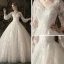 Bling Bling Champagner Durchsichtige Brautkleider / Hochzeitskleider 2019 A Linie V-Ausschnitt Geschwollenes 3/4 Ärmel Rückenfreies Pailletten Perlenstickerei Glanz Tülle Kapelle-Schleppe Rüschen