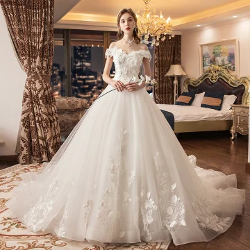 Chic Beautiful Ivory Wedding Dresses 2019 A Line Princess Off The Shoulder Short Sleeve Backless Appliques Flower Pearl Chapel Train Ruffle