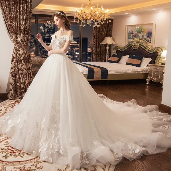 Chic / Belle Ivoire Robe De Mariée 2019 Princesse De l'épaule Manches Courtes Dos Nu Appliques Fleur Perle Chapel Train Volants
