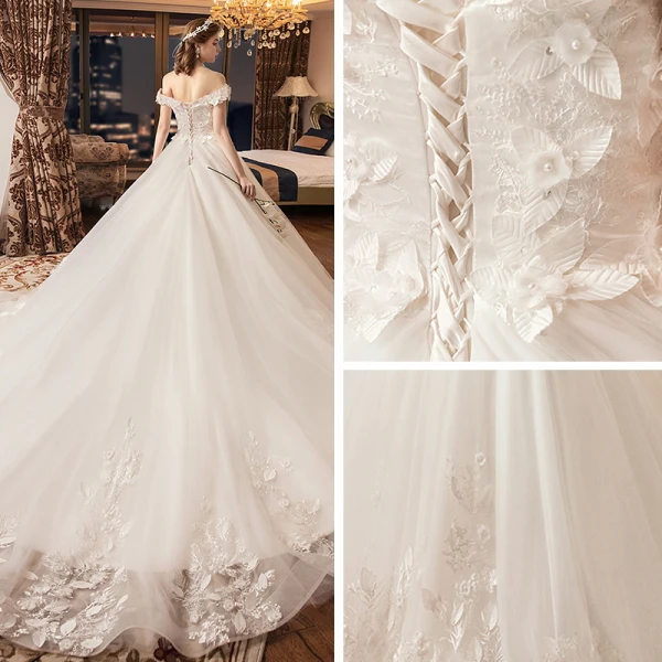 Chic / Belle Ivoire Robe De Mariée 2019 Princesse De l'épaule Manches Courtes Dos Nu Appliques Fleur Perle Chapel Train Volants