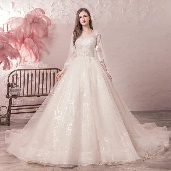 Bling Bling Champagne Robe De Mariée 2019 Princesse V Cou Transparentes Gonflée 3 4 Manches Dos Nu Paillettes Perlage Glitter Tulle Chapel Train Volants