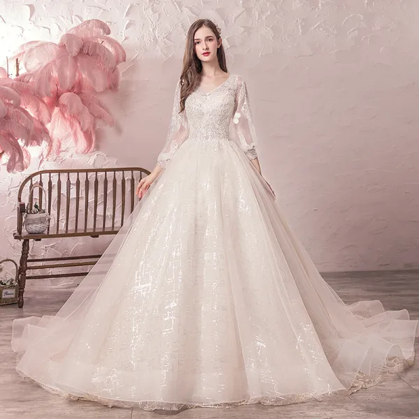 Bling Bling Champagne Wedding Dresses 2019 A-Line / Princess V-Neck See ...