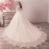 Bling Bling Champagne Wedding Dresses 2019 A-Line / Princess V-Neck See-through Puffy 3/4 Sleeve Backless Sequins Beading Glitter Tulle Chapel Train Ruffle