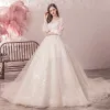 Bling Bling Champagne Wedding Dresses 2019 A-Line / Princess V-Neck See-through Puffy 3/4 Sleeve Backless Sequins Beading Glitter Tulle Chapel Train Ruffle