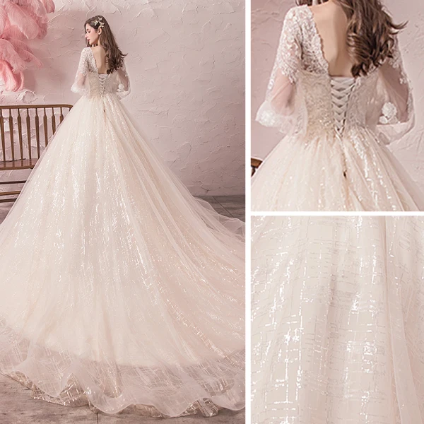 Bling Bling Champagne Robe De Mariée 2019 Princesse V-Cou Transparentes Gonflée 3/4 Manches Dos Nu Paillettes Perlage Glitter Tulle Chapel Train Volants