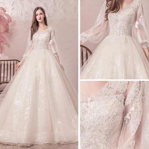 Bling Bling Champagne Robe De Mariée 2019 Princesse V-Cou Transparentes Gonflée 3/4 Manches Dos Nu Paillettes Perlage Glitter Tulle Chapel Train Volants