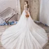 Elegant Ivory See-through Wedding Dresses 2019 A-Line / Princess Scoop Neck Short Sleeve Beading Tassel Appliques Lace Cathedral Train Ruffle