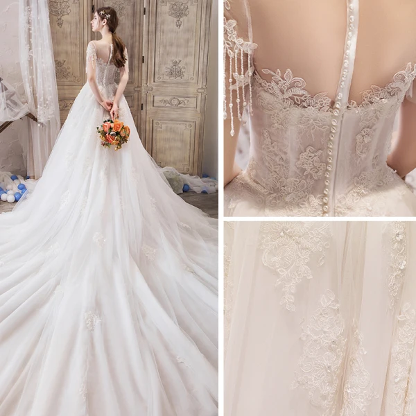 Élégant Ivoire Transparentes Robe De Mariée 2019 Princesse Encolure Dégagée Manches Courtes Perlage Gland Appliques En Dentelle Cathedral Train Volants