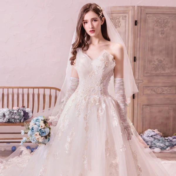 Romantisk Champagne Brudekjoler 2019 Prinsesse Fantastiske / Unike Kjæreste Uten Ermer Ryggløse Appliques Blonder Beading Glitter Tyll Cathedral Train Buste
