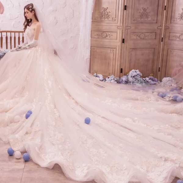 Romantisk Champagne Brudekjoler 2019 Prinsesse Fantastiske / Unike Kjæreste Uten Ermer Ryggløse Appliques Blonder Beading Glitter Tyll Cathedral Train Buste