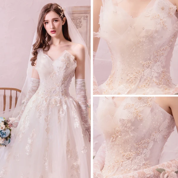 Romantisk Champagne Brudekjoler 2019 Prinsesse Fantastiske / Unike Kjæreste Uten Ermer Ryggløse Appliques Blonder Beading Glitter Tyll Cathedral Train Buste