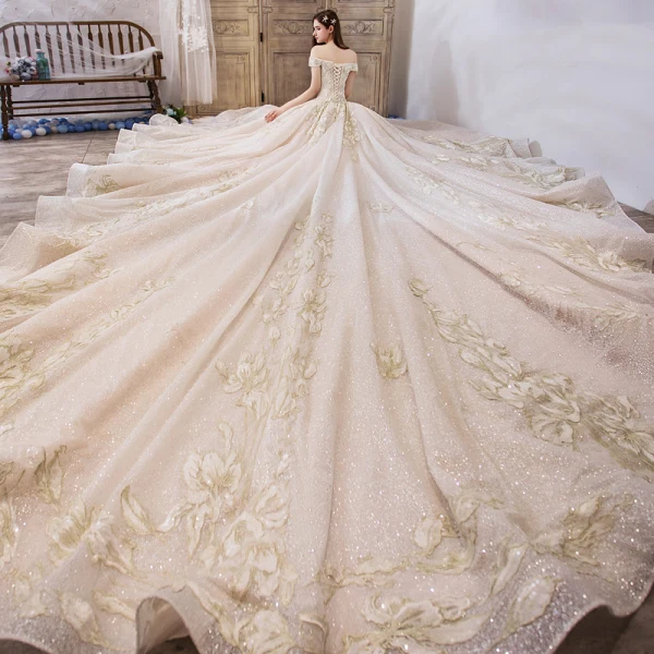Luxury / Gorgeous Champagne Wedding Dresses 2019 Ball Gown Off-The-Shoulder Short Sleeve Backless Appliques Lace Beading Pearl Glitter Tulle Royal Train Ruffle