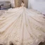Luxury / Gorgeous Champagne Wedding Dresses 2019 Ball Gown Off-The-Shoulder Short Sleeve Backless Appliques Lace Beading Pearl Glitter Tulle Royal Train Ruffle