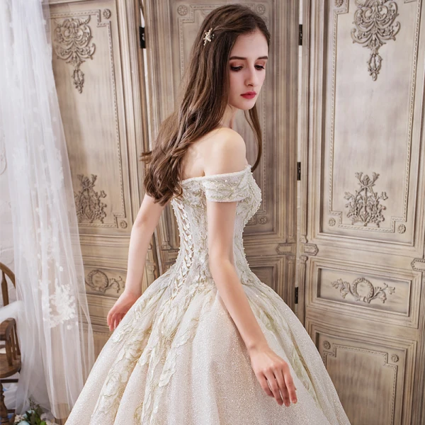 Luxury / Gorgeous Champagne Wedding Dresses 2019 Ball Gown Off-The-Shoulder Short Sleeve Backless Appliques Lace Beading Pearl Glitter Tulle Royal Train Ruffle