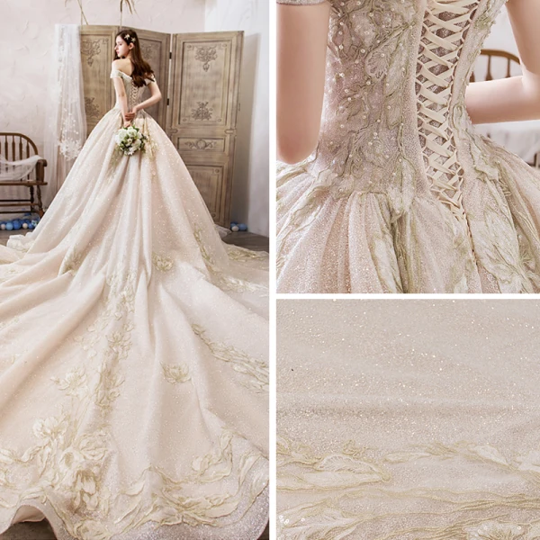 Luxury / Gorgeous Champagne Wedding Dresses 2019 Ball Gown Off-The-Shoulder Short Sleeve Backless Appliques Lace Beading Pearl Glitter Tulle Royal Train Ruffle