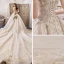 Luxury / Gorgeous Champagne Wedding Dresses 2019 Ball Gown Off-The-Shoulder Short Sleeve Backless Appliques Lace Beading Pearl Glitter Tulle Royal Train Ruffle