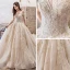 Luxury / Gorgeous Champagne Wedding Dresses 2019 Ball Gown Off-The-Shoulder Short Sleeve Backless Appliques Lace Beading Pearl Glitter Tulle Royal Train Ruffle