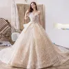 Bling Bling Champagne Wedding Dresses 2019 A-Line / Princess Amazing / Unique Sweetheart Sleeveless Backless Glitter Tulle Royal Train Ruffle