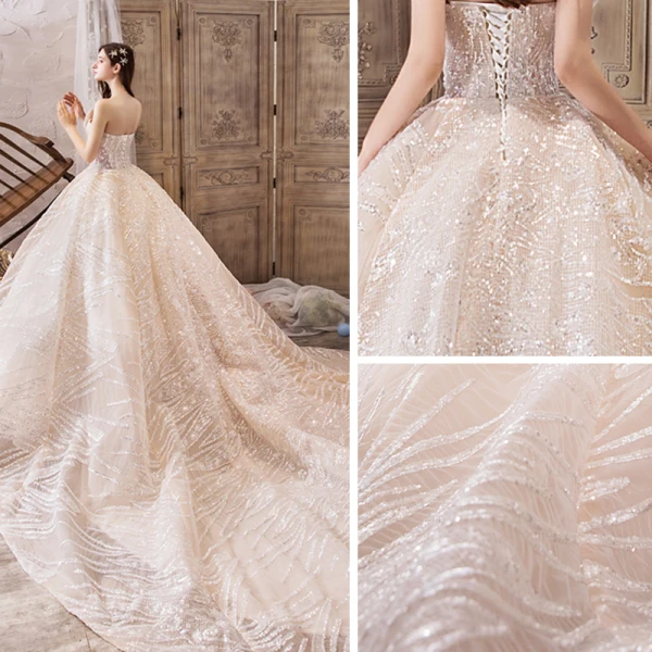 Bling Bling Champagne Brudekjoler 2019 Prinsesse Fantastiske / Unike Kjæreste Uten Ermer Ryggløse Glitter Tyll Royal Train Buste
