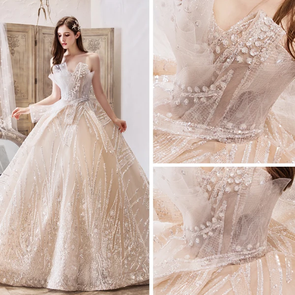 Bling Bling Champagne Brudekjoler 2019 Prinsesse Fantastiske / Unike Kjæreste Uten Ermer Ryggløse Glitter Tyll Royal Train Buste