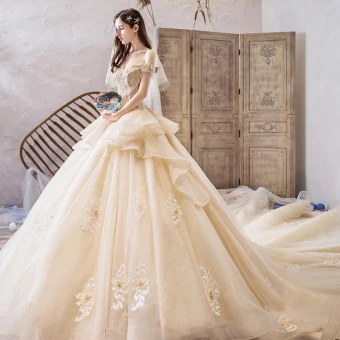 Luxury Gorgeous Champagne Wedding Dresses 2019 Ball Gown Off The Shoulder Short Sleeve Beading Tassel Backless Appliques Lace Flower Glitter Tulle Royal Train Ruffle