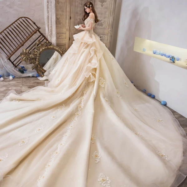 Luxury / Gorgeous Champagne Wedding Dresses 2019 Ball Gown Off-The-Shoulder Short Sleeve Beading Tassel Backless Appliques Lace Flower Glitter Tulle Royal Train Ruffle
