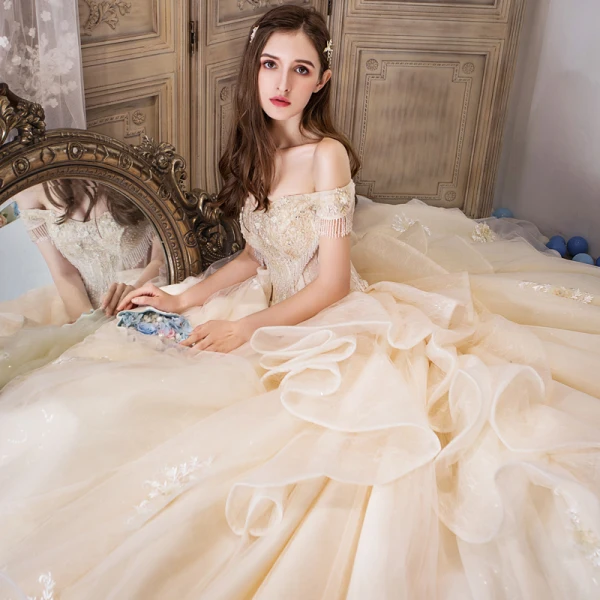 Luxury / Gorgeous Champagne Wedding Dresses 2019 Ball Gown Off-The-Shoulder Short Sleeve Beading Tassel Backless Appliques Lace Flower Glitter Tulle Royal Train Ruffle