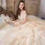 Luxury / Gorgeous Champagne Wedding Dresses 2019 Ball Gown Off-The-Shoulder Short Sleeve Beading Tassel Backless Appliques Lace Flower Glitter Tulle Royal Train Ruffle