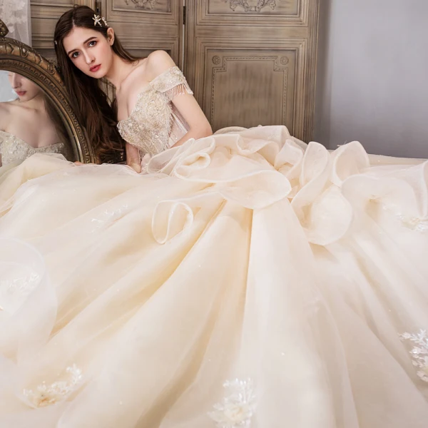 Luxury / Gorgeous Champagne Wedding Dresses 2019 Ball Gown Off-The-Shoulder Short Sleeve Beading Tassel Backless Appliques Lace Flower Glitter Tulle Royal Train Ruffle