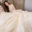 Luxury / Gorgeous Champagne Wedding Dresses 2019 Ball Gown Off-The-Shoulder Short Sleeve Beading Tassel Backless Appliques Lace Flower Glitter Tulle Royal Train Ruffle