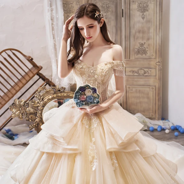 Luxury / Gorgeous Champagne Wedding Dresses 2019 Ball Gown Off-The-Shoulder Short Sleeve Beading Tassel Backless Appliques Lace Flower Glitter Tulle Royal Train Ruffle