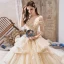 Luxury / Gorgeous Champagne Wedding Dresses 2019 Ball Gown Off-The-Shoulder Short Sleeve Beading Tassel Backless Appliques Lace Flower Glitter Tulle Royal Train Ruffle