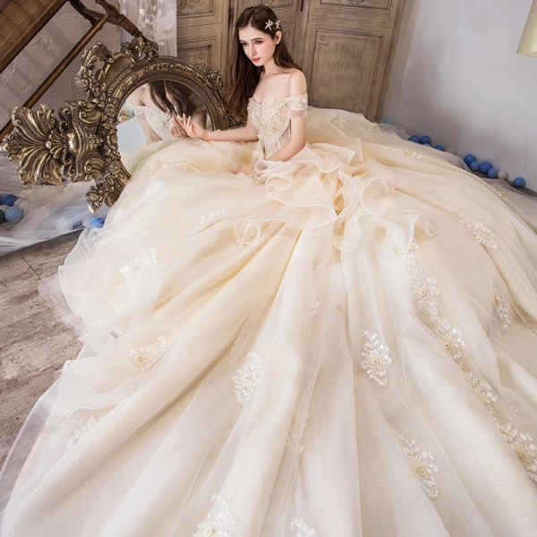 Luxury / Gorgeous Champagne Wedding Dresses 2019 Ball Gown Off-The-Shoulder Short Sleeve Beading Tassel Backless Appliques Lace Flower Glitter Tulle Royal Train Ruffle